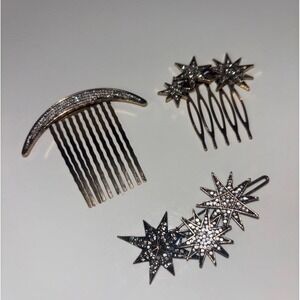 3PCS Alloy Vintage Hair Side Combs Clips for Women Moon Star Retro‎ Rhinestone
